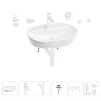 Раковина для ванной Wellsee Calin 201005600 в наборе 9 в 1: раковина белого глянцевого цвета, смеситель, сифон, донный клапан, угловые вентили, аксессуары (цвет набора матовый белый)