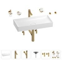 Раковина для ванной Wellsee Pure BY Wellsee 201006498 в наборе 9 в 1: раковина белого глянцевого цвета, высокий смеситель, сифон, выпуск, угловые вентили, аксессуары (цвет золото)
