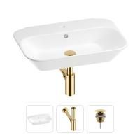 Раковина для ванной Wellsee Eclatant 201001728 в наборе 3 в 1: прямоугольная раковина белого глянцевого цвета, сифон, донный клапан в цвете золото