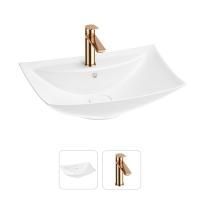 Раковина для ванной Wellsee Cerulean 201000799 в наборе 2 в 1: прямоугольная раковина белого глянцевого цвета, смеситель в цвете розовое золото