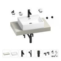 Раковина 50 см со столешницей 80 см Wellsee Graceful Pro 201012392 в наборе 10 в 1: столешница, раковина, смеситель, сифон, донный клапан, угловые вентили, аксессуары (цвет матовый черный)