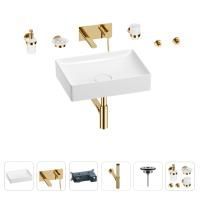 Раковина для ванной Wellsee Pure BY Wellsee 201006428 в наборе 8 в 1: раковина белого глянцевого цвета, встраиваемый смеситель, сифон, выпуск, аксессуары (цвет набора золото)