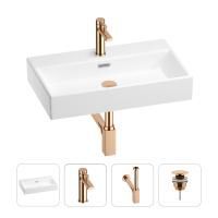 Раковина для ванной Wellsee Graceful Pro 201002969 в наборе 4 в 1: раковина белого глянцевого цвета, смеситель, сифон, донный клапан (цвет набора розовое золото)