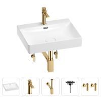 Раковина для ванной Wellsee DeSire 201005493 в наборе 5 в 1: раковина белого глянцевого цвета, смеситель, сифон, выпуск, угловые вентили (цвет набора золото)
