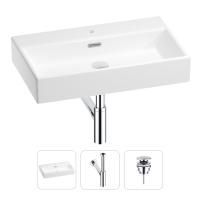 Раковина для ванной Wellsee Graceful Pro 201001366 в наборе 3 в 1: прямоугольная раковина белого глянцевого цвета, сифон, донный клапан в цвете хром