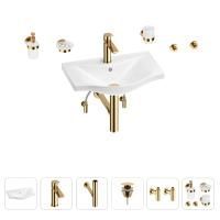 Раковина для ванной Wellsee Bisou 201007173 в наборе 9 в 1: раковина белого глянцевого цвета, смеситель, сифон, донный клапан, угловые вентили, аксессуары (цвет набора золото)