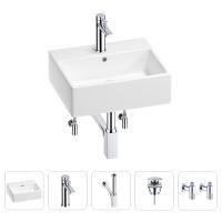 Раковина для ванной Wellsee Graceful Pro 201004591 в наборе 5 в 1: раковина белого глянцевого цвета, смеситель, сифон, донный клапан, угловые вентили (цвет набора хром)