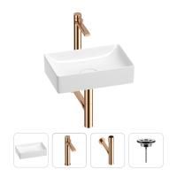 Раковина для ванной Wellsee Pure BY Wellsee 201002559 в наборе 4 в 1: раковина белого глянцевого цвета, высокий смеситель, сифон, выпуск (цвет набора розовое золото)