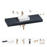 Раковина 42 см со столешницей 140 см Wellsee Pure BY Wellsee 201010999 в наборе 10 в 1: столешница, раковина, высокий смеситель, сифон, выпуск, кран-вентили, аксессуары (цвет розовое золото)
