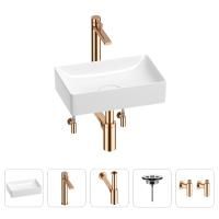 Раковина для ванной Wellsee Pure BY Wellsee 201004354 в наборе 5 в 1: раковина белого глянцевого цвета, высокий смеситель, сифон, выпуск, угловые вентили (цвет набора розовое золото)