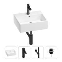 Раковина для ванной Wellsee Graceful Pro 201002937 в наборе 4 в 1: раковина белого глянцевого цвета, смеситель, сифон, донный клапан (цвет набора матовый черный)