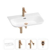 Раковина для ванной Wellsee Eclatant 2.0 201003799 в наборе 4 в 1: раковина белого глянцевого цвета, смеситель, сифон, донный клапан (цвет набора розовое золото)