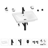 Раковина для ванной Wellsee FreeDom 201006927 в наборе 9 в 1: раковина белого глянцевого цвета, смеситель, сифон, донный клапан, угловые вентили, аксессуары (цвет набора матовый черный)