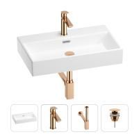 Раковина для ванной Wellsee Graceful Pro 201002964 в наборе 4 в 1: раковина белого глянцевого цвета, смеситель, сифон, донный клапан (цвет набора розовое золото)