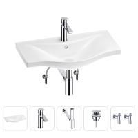 Раковина для ванной Wellsee Bisou 201005276 в наборе 5 в 1: раковина белого глянцевого цвета, смеситель, сифон, донный клапан, угловые вентили (цвет набора хром)