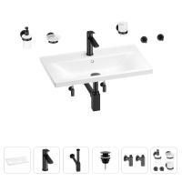 Раковина для ванной Wellsee FreeDom 201007062 в наборе 9 в 1: раковина белого глянцевого цвета, смеситель, сифон, донный клапан, угловые вентили, аксессуары (цвет набора матовый черный)