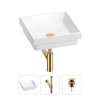 Раковина для ванной Wellsee Doux 201001118 в наборе 3 в 1: квадратная раковина белого глянцевого цвета, сифон, донный клапан в цвете золото