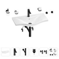 Раковина для ванной Wellsee Bisou 201007427 в наборе 9 в 1: раковина белого глянцевого цвета, смеситель, сифон, донный клапан, угловые вентили, аксессуары (цвет набора матовый черный)