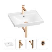 Раковина для ванной Wellsee FreeDom 201003174 в наборе 4 в 1: раковина белого глянцевого цвета, смеситель, сифон, донный клапан (цвет набора розовое золото)
