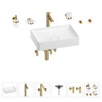 Раковина для ванной Wellsee Pure BY Wellsee 201006433 в наборе 9 в 1: раковина белого глянцевого цвета, высокий смеситель, сифон, выпуск, угловые вентили, аксессуары (цвет золото)