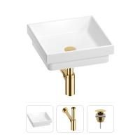 Раковина для ванной Wellsee Doux 201001103 в наборе 3 в 1: квадратная раковина белого глянцевого цвета, сифон, донный клапан в цвете золото