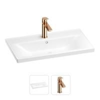 Раковина для ванной Wellsee FreeDom 201000849 в наборе 2 в 1: прямоугольная раковина белого глянцевого цвета, смеситель в цвете розовое золото
