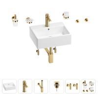 Раковина для ванной Wellsee Graceful Pro 201006668 в наборе 9 в 1: раковина белого глянцевого цвета, смеситель, сифон, донный клапан, угловые вентили, аксессуары (цвет набора золото)