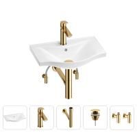Раковина для ванной Wellsee Bisou 201005048 в наборе 5 в 1: раковина белого глянцевого цвета, смеситель, сифон, донный клапан, угловые вентили (цвет набора золото)