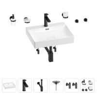 Раковина для ванной Wellsee DeSire 201007562 в наборе 9 в 1: раковина белого глянцевого цвета, смеситель, сифон, выпуск, угловые вентили, аксессуары (цвет набора матовый черный)