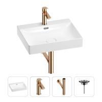 Раковина для ванной Wellsee DeSire 201003824 в наборе 4 в 1: раковина белого глянцевого цвета, смеситель, сифон, выпуск (цвет набора розовое золото)