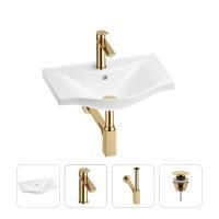Раковина для ванной Wellsee Bisou 201003413 в наборе 4 в 1: раковина белого глянцевого цвета, смеситель, сифон, донный клапан (цвет набора золото)