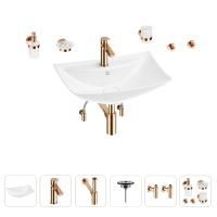 Раковина для ванной Wellsee Cerulean 201006754 в наборе 9 в 1: раковина белого глянцевого цвета, смеситель, сифон, выпуск, угловые вентили, аксессуары (цвет набора розовое золото)