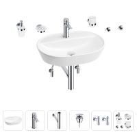 Раковина для ванной Wellsee Calin 201005601 в наборе 9 в 1: раковина белого глянцевого цвета, смеситель, сифон, донный клапан, угловые вентили, аксессуары (цвет набора хром)