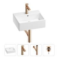 Раковина для ванной Wellsee Graceful Pro 201002924 в наборе 4 в 1: раковина белого глянцевого цвета, смеситель, сифон, донный клапан (цвет набора розовое золото)