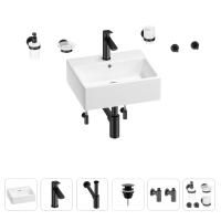 Раковина для ванной Wellsee Graceful Pro 201006652 в наборе 9 в 1: раковина белого глянцевого цвета, смеситель, сифон, донный клапан, угловые вентили, аксессуары (цвет набора матовый черный)