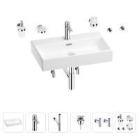 Раковина для ванной Wellsee Graceful Pro 201006736 в наборе 9 в 1: раковина белого глянцевого цвета, смеситель, сифон, донный клапан, угловые вентили, аксессуары (цвет набора хром)