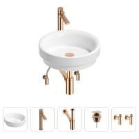 Раковина для ванной Wellsee Doux 201004209 в наборе 5 в 1: раковина белого глянцевого цвета, высокий смеситель, сифон, донный клапан, угловые вентили (цвет набора розовое золото)
