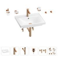 Раковина для ванной Wellsee FreeDom 201006924 в наборе 9 в 1: раковина белого глянцевого цвета, смеситель, сифон, донный клапан, угловые вентили, аксессуары (цвет набора розовое золото)
