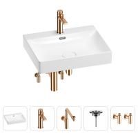 Раковина для ванной Wellsee DeSire 201005524 в наборе 5 в 1: раковина белого глянцевого цвета, смеситель, сифон, выпуск, угловые вентили (цвет набора розовое золото)