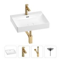Раковина для ванной Wellsee DeSire 201003813 в наборе 4 в 1: раковина белого глянцевого цвета, смеситель, сифон, выпуск (цвет набора золото)