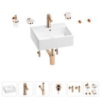 Раковина для ванной Wellsee Graceful Pro 201006669 в наборе 9 в 1: раковина белого глянцевого цвета, смеситель, сифон, донный клапан, угловые вентили, аксессуары (цвет набора розовое золото)