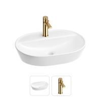 Раковина для ванной Wellsee Calin 201000568 в наборе 2 в 1: овальная раковина белого глянцевого цвета, смеситель в цвете золото