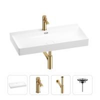 Раковина для ванной Wellsee Bromance 201003888 в наборе 4 в 1: раковина белого глянцевого цвета, смеситель, сифон, выпуск (цвет набора золото)
