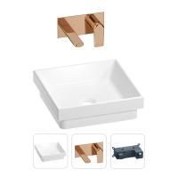 Раковина для ванной Wellsee Doux 201000644 в наборе 2 в 1: квадратная раковина белого глянцевого цвета, встраиваемый смеситель в цвете розовое золото