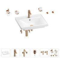 Раковина для ванной Wellsee FreeDom 201006999 в наборе 9 в 1: раковина белого глянцевого цвета, смеситель, сифон, донный клапан, угловые вентили, аксессуары (цвет набора розовое золото)