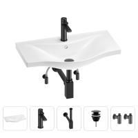 Раковина для ванной Wellsee Bisou 201005292 в наборе 5 в 1: раковина белого глянцевого цвета, смеситель, сифон, донный клапан, угловые вентили (цвет набора матовый черный)