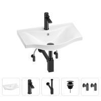 Раковина для ванной Wellsee Bisou 201005142 в наборе 5 в 1: раковина белого глянцевого цвета, смеситель, сифон, донный клапан, угловые вентили (цвет набора матовый черный)