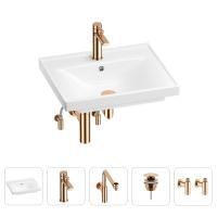 Раковина для ванной Wellsee FreeDom 201004824 в наборе 5 в 1: раковина белого глянцевого цвета, смеситель, сифон, донный клапан, угловые вентили (цвет набора розовое золото)