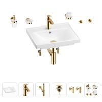 Раковина для ванной Wellsee FreeDom 201006933 в наборе 9 в 1: раковина белого глянцевого цвета, смеситель, сифон, донный клапан, угловые вентили, аксессуары (цвет набора золото)