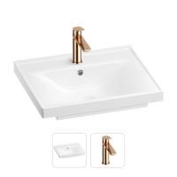 Раковина для ванной Wellsee FreeDom 201000839 в наборе 2 в 1: прямоугольная раковина белого глянцевого цвета, смеситель в цвете розовое золото